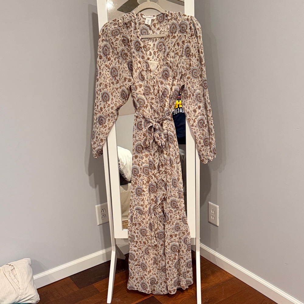 Lucky Brand Boho Floral Long Wrap Dress in Beige and Brown